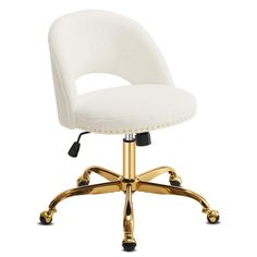 a white and gold office chair with wheels