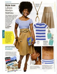 an article in the style icon magazine features a woman wearing a striped shirt and tan skirt