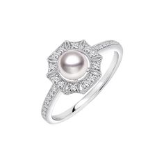 Elegance meets glamour with our Akoya Pearl Ring Material: Akoya Pearl, 18K white gold and diamond Akoya pearl saltwater cultured pearl 1 Pearl: 5.0-5.5mm 30 diamonds about 0.185 carats in total Ornament Part Size: 10*10 mm Handpicked of every pearl, only the top 1% of pearls are selected Handcrafted Lifetime warranty Please note the size you need when placing an order. Timeless Pearl White Pearl Ring For Anniversary, Fine Jewelry Pearl Ring In Diamond White, Timeless Diamond Pearl Ring With Center Stone, Fine Jewelry Diamond White Pearl Rings, Luxury Pearl Rings With Diamond Accents, Refined White Gold Jewelry With Center Stone, Elegant Solitaire Halo Ring In Diamond White, Elegant Diamond White Halo Ring With Solitaire, Elegant White Gold Pearl Ring