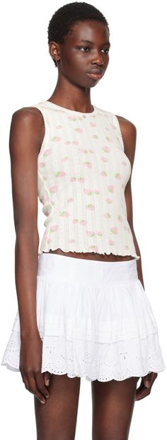 Pointelle knit cotton tank top. Graphic pattern printed throughout. · Picot trim at crewneck and armscyes · Graphic mother-of-pearl button at collar · Lettuce edge at hem Available exclusively at SSENSE. Supplier color: Strawberry White Pointelle Knit Tank Top For Spring, Spring Crew Neck Cotton Tank Top, Spring Cotton Crew Neck Tank Top, Spring Trendy Pointelle Knit Tank Top, Fitted Cotton Pointelle Knit Tank Top, Trendy Pointelle Knit Tank Top For Spring, Summer Pointelle Knit Tops For Daywear, Fitted Pointelle Knit Tops For Daywear, Fitted Pointelle Knit Tank Top For Spring