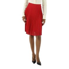 Burberry Ladies Bottoms. Fashion category: Skirts. SKU: 8024883. Color: Bright Red Ip Pat. Burberry Ladies Bright Red Monogram Print Plated Skirt. This fluid pleated skirt in Burberry's Monogram print and lined with Italian-woven silk, featuring a concealed back hook-and-eye and zip closure. Outer: 100% polyester. Size: 4.  Gender: female.  Age Group: adult. Chic Red Pleated Skirt For Workwear, Chic Red Mini Skirt For Formal Occasions, Chic Red Formal Mini Skirt, Red Knee-length Mini Skirt For Work, Elegant Red Knee-length Skirt, Red Pleated Skirt Bottoms For Workwear, Red Flared Pleated Skirt For Work, Red Knee-length Pleated Skirt For Spring, Red Pleated Knee-length Skirt