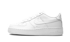 The Nike Air Force 1 Low GS “White on White” is the youth sizing of one of the most essential sneakers in the history of footwear. Nicknamed the "Uptown" for its iconic status in New York City’s Harlem neighborhood, the Air Force 1 Low “White on White” is a go-to for those seeking a reliable pair of shoes that never goes out of style. Here, the upper features white leather on the perforated toe, mid-panel, and heel. Tonal overlays appear on the forefoot and heel. Classic Swoosh detailing covers Streetwear Ideas, Custom Air Force 1, Nike Force, White On White, Nike Air Force 1 Low, Stadium Goods, Air Force Ones, Nike Kids, Air Force 1 Low