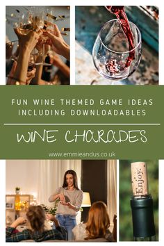 some people are having fun with wine and other things in the background text reads fun wine themed game ideas including free printables