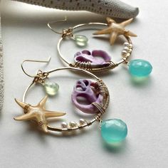 Starfish Beach Hoop Earrings Purple Shell Earrings Purple Handmade Hoop Earrings For The Beach, Handmade Dangle Hoop Earrings For Vacation, Handmade Hoop Jewelry For The Beach, Handmade Small Hoop Earrings For Vacation, Handmade Small Hoop Jewelry For Vacation, Beach Hoop Earrings Wire Wrapped, Beach Wire Wrapped Hoop Earrings, Beach Hoop Earrings With Wire Wrapping, Unique Adjustable Hoop Earrings For The Beach