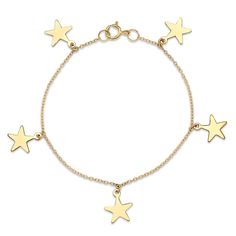 14K Gold Filled Five Star Charm Bracelet 5"-6" Long 14k Gold Bracelet With Star Charm, Adjustable Yellow Gold Star Bracelet, 14k Yellow Gold Bracelet With Star Charm, 14k Gold Star Charm Bracelet, 14k Gold Bracelets With Star Charm, Gold Star-shaped Celestial Bracelets, Gold Star-shaped Celestial Bracelet, Celestial Gold Star Bracelets, Star Charm Bracelet