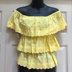 Brand New. Bright Yellow. 3 Tiers Of Ruffles. Elastic At Each Tier. Embroidered Flowers And Scalloped Eyelet Edge. Cotton. No Size Tag Or Any Labels Because This Is A Design Sample From A Major Us Company. Please Pay Close Attention To Measurements And Note That Elastic Was Not Stretched For Photos. Sf/Pf Environment Please Refer To Photos For Accurate Details Of Description. All Photos Are Of Actual Item Listed For Sale. Color May Vary Due To Lighting Conditions. Please Message With Any Questio Spring Cotton Peasant Top With Ruffles, Yellow Ruffled Blouse For The Beach, Summer Cotton Peasant Top With Ruffles, Yellow Peasant Top For Summer, Yellow Peasant Blouse For Spring, Summer Beach Peasant Top With Ruffles, Cotton Peasant Top With Ruffles For Vacation, Fitted Ruffle Peasant Top For Vacation, Cotton Tiered Top For Day Out