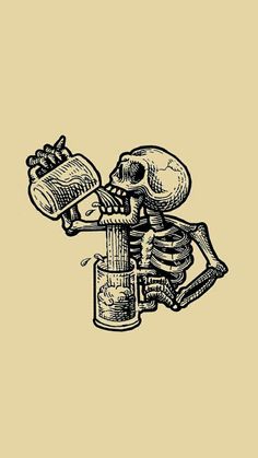 a drawing of a skeleton holding a bottle with a skull in it's mouth