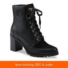 in stock Black Heeled Combat Boots, Heel Combat Boots, Lug Sole Booties, Womens Ankle Boots, Lug Sole, Boot Shoes Women, Lace Up Boots, Black Heels, Bootie Boots