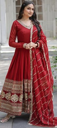 Red and Maroon color Gown in Georgette fabric with Embroidered, Sequence work Red Floor-length Dress With Intricate Embroidery, Red Dress With Intricate Embroidery For Reception, Red Dresses With Intricate Embroidery For Reception, Red Anarkali Gown With Intricate Embroidery, Elegant Red Anarkali Set For Formal Occasions, Red Embroidered Gown For Reception, Elegant Red Gown With Zari Work, Red Gown With Intricate Embroidery For Reception, Red Georgette Dress With Zari Work