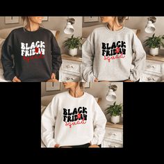 Are you looking for the perfect holiday apparel to wear this season? Introducing the Black Friday Squad Graphic Print from Trendy Custom Apparel. This 100% soft cotton t-shirt or sweatshirt offers a unisex Gildan pre-shrunk fit from S to 3XL, featuring bright soft flex vinyl black or white and red colors and a fun Black Friday shopping print. Choose from black, gray or white colors for a stylish piece of apparel that’s sure to turn heads! Whether it's a t-shirt or sweatshirt, you're sure to look Black Casual Sweatshirt Gift, Black Crew Neck Sweatshirt For Gift, Casual Black Christmas Sweatshirt, Holiday Black T-shirt With Letter Print, Black Crew Neck T-shirt For Holidays, Black Sweatshirt For Fall Holiday, Funny Fall Quotes, Thanksgiving Clothes, Custom Top