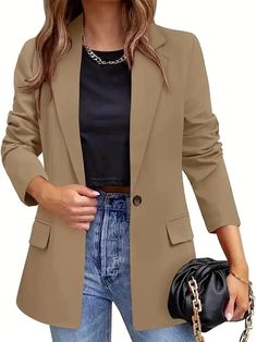 Lapel Neck Blazer with Button Front Khaki Office Blazer With Button Closure, Trendy Long Sleeve Khaki Blazer, Khaki Button-up Blazer With Buttons, Fitted Khaki Button-up Blazer, Elegant Brown Button-up Blazer, Chic Blazer, Graduation Outfits, Long Sleeve Jacket, Long Sleeve Blazers