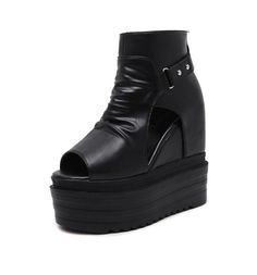 Department Name: Adult Item Type: Boots With Platforms: Yes Heel Height: Super High (8cm-up) Outsole Material: Rubber Platform Height: 3-5cm Season: Summer Insole Material: PU Closure Type: ZIP Lining Material: PU is_handmade: Yes Fashion Element: Rivet Brand Name: Gdgydh Fit: Fits true to size, take your normal size Toe Shape: Peep Toe Shaft Material: PU Boot Type: Basic Boot Height: Ankle Pattern Type: Solid Heel Height: 12cm Leather Style: Soft Leather Platform Height: 5.5cm Punk Style Ankle-high Synthetic Boots, Spring Party High Ankle Wedge Boots, Spring Ankle-high Wedge Boots For Party, Spring Party Ankle-high Wedge Boots, Black Ankle-high Martin Boots For Spring, Spring High Heel Faux Leather Platform Boots, Spring High Heel Platform Boots In Faux Leather, Summer Platform Boots With Round Toe, Spring Platform Ankle Martin Boots