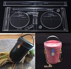 three different views of various purses and their measurements, including one with a handle