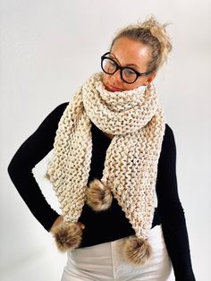 Oversized extra long ribbed scarf, shawl, shoulder wrap, neck warmer. - Luxurious super soft and warm 20/80 Wool/Acrylic yarn blend in cream color (other colors and yarns available). Please include your yarn/color request in a message to the seller at the check out. - Handmade in the USA - over 8 feet long, 8 inched wide - Care: Machine washable, cold water (gentle cycle) and dryable. Hand Knitted Beige Shawl For Winter, Hand Knitted Beige Winter Shawl, Knitted One-size Shawl For Winter, Hand Knitted Yarn Shawl For Winter, Winter Hand Knitted Yarn Shawl, Handmade Cozy Shawl For Winter, Winter Knitted Yarn Shawl, Handmade Cozy Winter Shawl, Cozy Chunky Knit Shawl For Fall