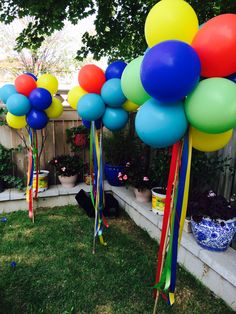 colorful balloons and streamers are on the lawn