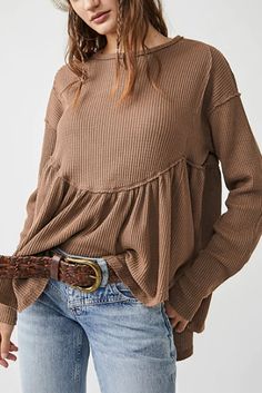 Brown Solid Color Ribbed Long Sleeve Peplum Blouse - Sunny Angela Brown Solid Color, Long Sleeve Peplum Top, Color Blouse, Formal Cocktail Dress, Thermal Top, Waffle Knit Top, Peplum Blouse, Spring Outfits Women, Peplum Hem