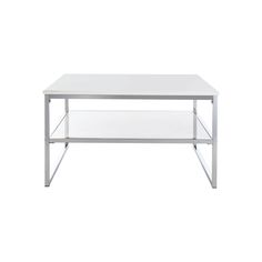 a white coffee table sitting on top of a metal frame shelf with two shelves underneath it