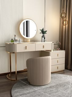 a dressing table with a round mirror and stool