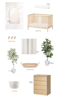 a baby's nursery room with white walls and wood furniture, including a crib,