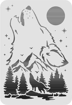 a wolf in the mountains with trees and stars