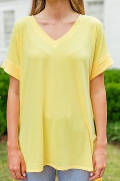 classic solid tee Relaxed Fit V-neck Top For Summer Loungewear, Stretch V-neck T-shirt For Day Out, Summer Cotton V-neck Top, Relaxed Fit V-neck Top For Day Out, Summer Cotton V-neck T-shirt, Summer Cotton T-shirt With V-neck, Yellow V-neck Top For Loungewear, Versatile V-neck T-shirt For Loungewear, Relaxed Fit V-neck Summer Top