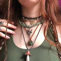 🪷 Nymphea 🪷 on Instagram: "🌞🌿🌈🔮🦋🍄🐛🌼☮️🐞🌻🐚🌙  . . .  #hippie #hippiestyle #hippiejewelry #hippiehair #boho #fairycore #fairygirl #crystaljewelry #mushroomfairy #altstyle #crystalhealing #hairjewellery #hippiefashion #redheadgirl #explorepage" Goblincore Jewelry, Alternative Hippie, Collar Hippie, Lesbian Fashion, Hippie Hair, Fairy Clothes, Chunky Jewelry, March 5