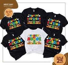 four tshirts with the words super mario bros on them in different colors and sizes