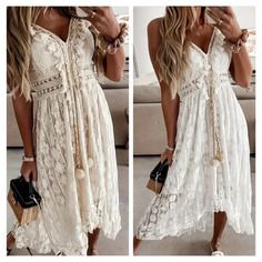 This Gorgeous Boho Lace Dress Is A Light Butter Cream Color And So Cheerful & Sweet. You'll Love The Intricate Detail Of The Boho Lace Dress With Mini Tassels That Adorn The V-Neck Bodice, And Pompom Tassels Which Hang From Braided Ornate Gold, White, And Cream Cords. Adjustable Shoulder Straps And A Smocked Back Make For A Comfortable And Forgiving Fit. Material: Self 100% Cotton, Lining 100% Polyester Sizes: Small-4 Medium- 6 Large- 8/10 Xl- 12 Xxl- 14/16 2x- 18/20 3x- 22/24 4x- 26 Measurement Boho Lace Dress, Animal Print Maxi Dresses, Preppy Women, White Boho Dress, Tassel Dress, Vintage Floral Dress, White Dresses For Women, Bow Detail Dress, Boho Lace