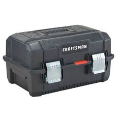 the craftsman's tool box is black and has two wheels on each side,