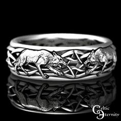 Direwolf Sterling Silver Ring Celtic Wolf Ring Viking Wolf | Etsy Wolf Wedding, Norse Wolf, Mens Silver Wedding Bands, Celtic Wolf, Viking Wolf, Wolf Ring, Celtic Rings, Celtic Designs, Real Stone