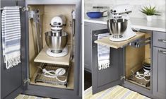 two pictures of kitchen appliances in the cupboards, one with a mixer and other with utensils