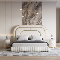 a modern bedroom with marble walls and white furniture