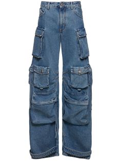 Front button and concealed zip closure. Belt loops. Three front pockets. Six cargo pockets. Model is wearing a size26 Baggy Cargo Jeans, Baggy Jeans Outfit, Latest Jeans, Versace Brand, The Attico, Frayed Jeans, Cargo Jeans, Swim Accessories, Shearling Jacket