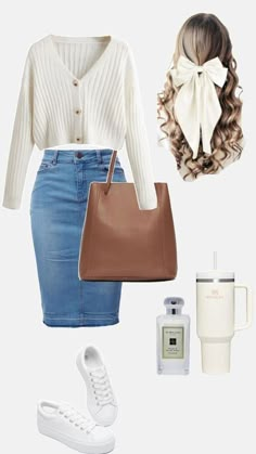 Jeans Shirt Cardigan Outfit, Thanksgiving Outfits Women Skirt, Late Summer Church Outfits, Shein Old Money Outfit Ideas, Casual Spring Skirt Outfits, Cute Simple Church Outfits, Midi Jean Skirt Outfits Fall, Cute Casual Church Outfits, Old Money Modest Outfit