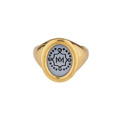 Influenced by art, travel, and architecture, Asha by ADM showcases Ashley McCormick's carefully crafted luxury accessories. Truly unique and one-of-a-kind, design your own 18K hand-engraved mother of pearl pinky ring with any crest or symbol. Product Details 18K gold. Mother of pearl. Intaglios carved in Spain. Handcrafted in New York. Care Instructions Use a soft cloth to wipe away tarnish. When not wearing, place in their ADM pouches for safekeeping. Do not wear in water. Avoid exposure to per Bespoke Rings, Shine Bright Like A Diamond, Team Member, Blue Chalcedony, Pinky Ring, Blue Rings, Luxury Accessories, 8 Weeks, Hand Engraving