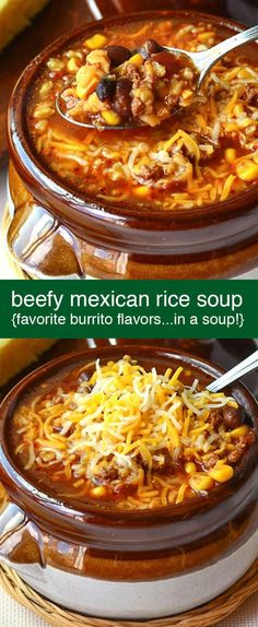 two bowls of beefy mexican rice soup with cheese on top and in the bottom