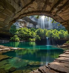 the water is crystal blue and green in this cave with waterfall, rocks and trees