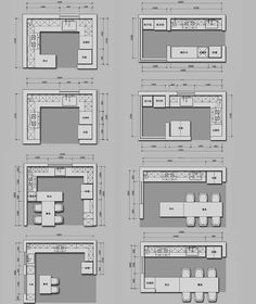 the floor plan for a kitchen and dining room with different seating areas, including an island