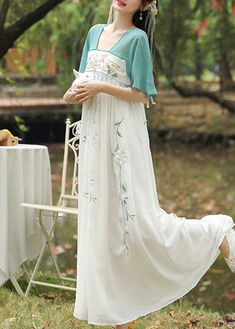 Chinese Style Green Embroideried Tasseled Patchwork Chiffon Long Dresses Summer Chiffon Tunic Dress, Long Dresses Summer, Linen Robe, Chiffon Tunic, Chiffon Dress Long, Comfortable Room, Long Summer Dresses, Dresses Summer, Summer Fabrics