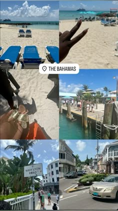 a collage of photos with people on the beach, buildings and cars in front of them