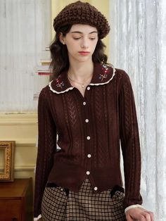 Shay Peter Pan Collar Embroidered Contrast Cutout Cardigan – Simple Retro Stylish Casual Outfits, Tumblr Girly Aesthetic 2013, Knitted Dresses, Girly Aesthetic, Cardigan Sweater Dress, Embroidery Floral, Handmade Embroidery, Love Vintage, Cotton Wool