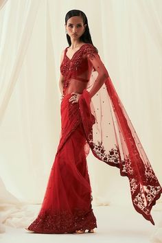 Red pre-draped saree with sequins, pearls and cutdana embroidered scallop border. Paired with an embroidered padded blouse. - Aza Fashions Draped Saree, Scallop Border, Padded Blouse, Drape Saree, Red Sequin, Set Women, Rococo, Aza Fashion, Sequin