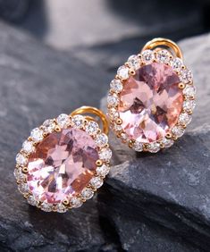 Luxury Oval Pink Earrings, Pink Oval Earrings With Prong Setting, Luxury Pink Oval Earrings, Luxury Rose Gold Oval Earrings, Morganite Halo Design Jewelry For Formal Occasions, Oval Morganite Jewelry In Pink Gold, Elegant Morganite Jewelry With Halo, Elegant Morganite Halo Jewelry, Oval Rose Gold Earrings With Prong Setting