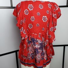 Nwt Vintage America Delfina Vneck, Butterfly Sleeve,Flowy Red Festival Blouse. Beautiful Self Covered Round Buttons Down Front Boho Chic At Its Finest !! Size Medium Casual Red V-neck Peasant Top, Flowy Red Floral Print Top, Flowy Red Summer Blouse, Red Floral Print Peasant Top For Summer, Fitted Red Peasant Top For Spring, Flowy Red Blouse For Vacation, Flowy Red Short Sleeve Tops, Red Peasant Top For Beach In Spring, Red Peasant Top For Spring Beach Days