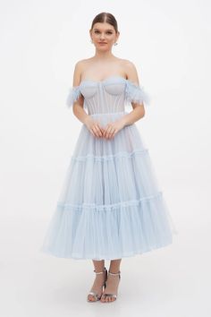 Milla Dresses, Corset Lacing, Tulle Midi Dress, Dress Weights, Sleeves Style, Light Blue Shorts, Corset Lace, Usa Dresses, Tulle Fabric