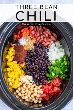 crockpot 3 - bean vegetarian chili recipe in a slow cooker with text overlay