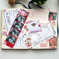 an open scrapbook with pictures on it