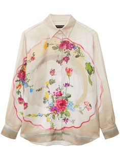 multicolour floral print to the front classic collar concealed front fastening long sleeves straight hem Floral Blouses, Floral Frames, Wardrobe Edit, City Dress, Exclusive Fashion, Lady Dior, Jacket Tops, Fashion Prints, Denim Dress