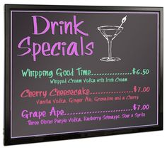 a chalkboard sign with drinks on it that says drink specials