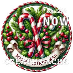 a merry christmas sign with candy canes and holly wreath on it's side